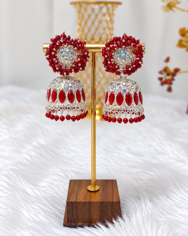Ruby Red Stone Silver Tone Jhumka Earrings
