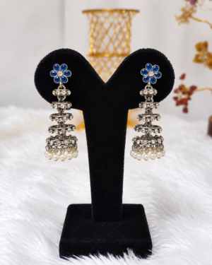 Blue Stone Silver Tone Pearl Drop Earrings