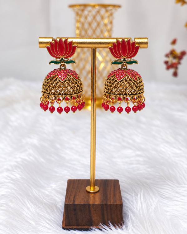 Red Lotus Antique Gold Jhumka Earrings