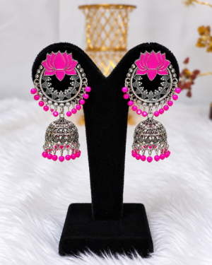file_000000000fa4820bbec9e6d0ab79be5c Pink Lotus Oxidised Silver Jhumka Earrings