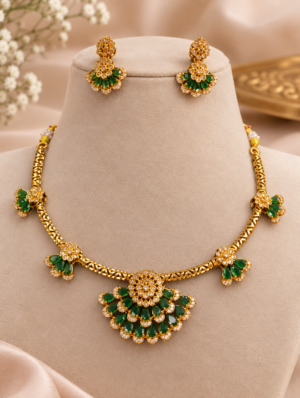 Emerald Green Stone Traditional Necklace Set with Earrings