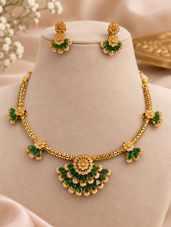 Emerald Green Stone Traditional Necklace Set with Earrings