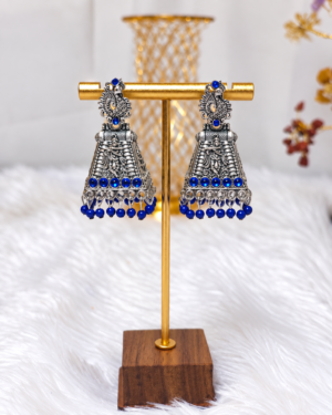 Antique Silver Temple Gopuram Earrings with Royal Blue Beads