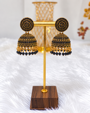 Black Beaded Antique Gold Tone Jhumka Earrings