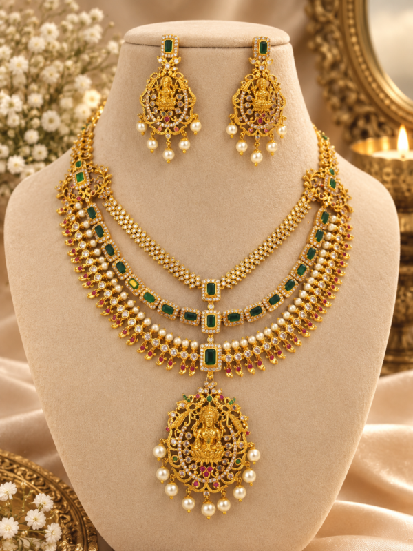 file_00000000405882078ce8e022644d487b Premium Green Stone Lakshmi Bridal Necklace Set with Earrings