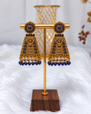 Antique Gold Temple Gopuram Blue Stone Earrings