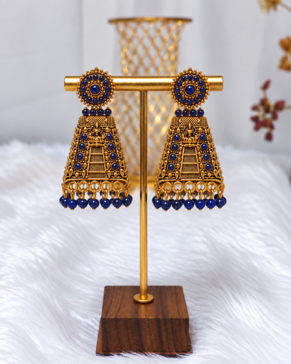 Antique Gold Temple Gopuram Blue Stone Earrings