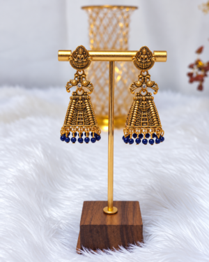 Antique Gold Temple Design Blue Bead Earrings