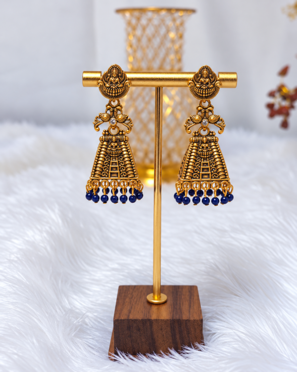 Antique Gold Temple Design Blue Bead Earrings