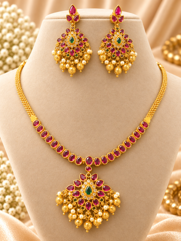 file_00000000698481f69655efc038bd98e3 Ruby Green Stone Traditional Necklace Set with Earrings