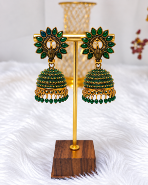 Emerald Green Floral Gold Tone Jhumka Earrings