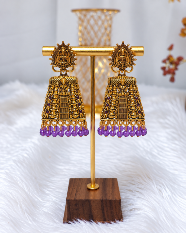 Antique Gold Temple Gopuram Purple Bead Earrings