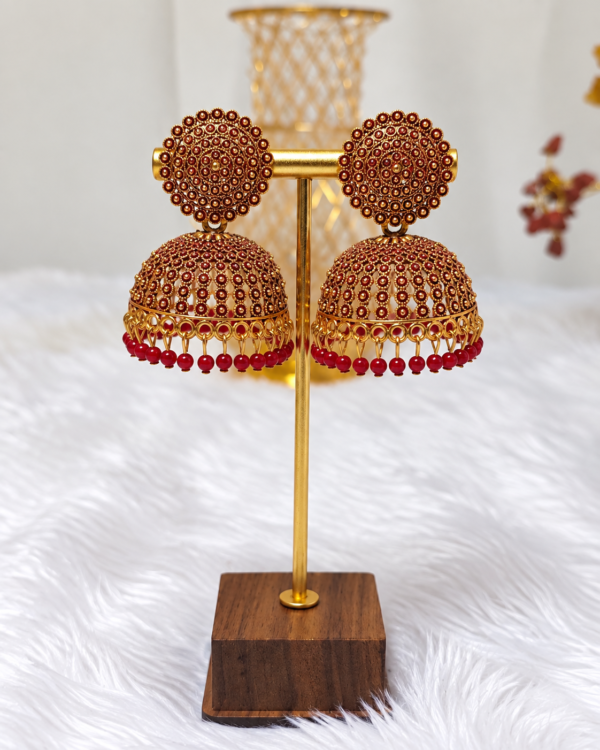 Maroon Antique Gold Tone Traditional Jhumka Earrings