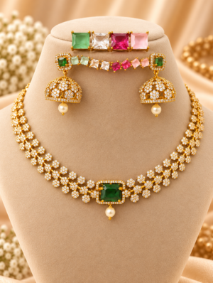 Emerald Floral CZ Necklace Set – Available in Changing Colours