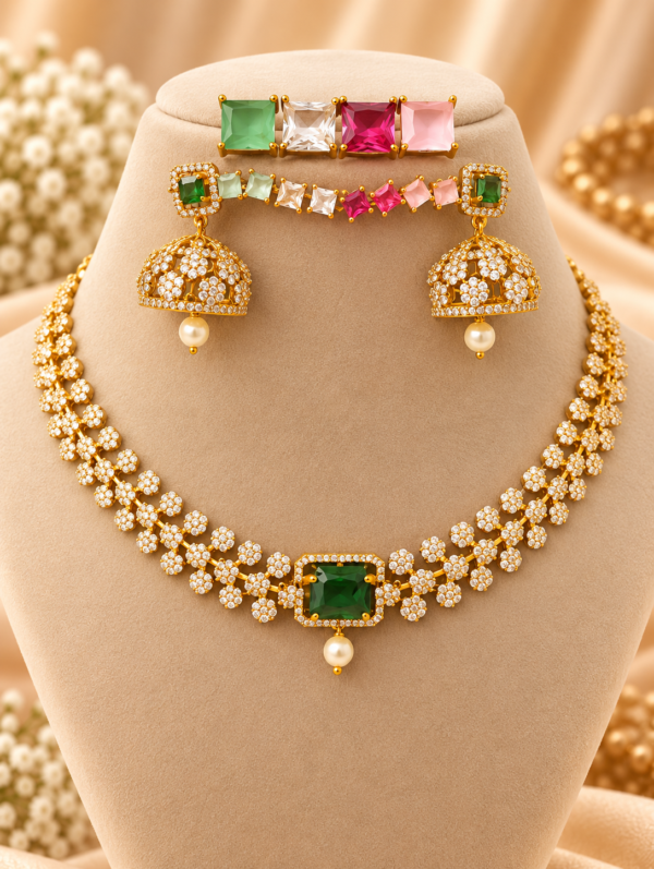 Emerald Floral CZ Necklace Set – Available in Changing Colours