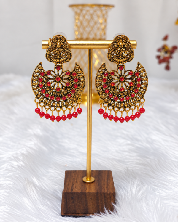 Red Stone Antique Gold Tone Temple Earrings