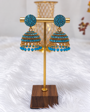 file_0000000097e0820bbfa14d616d797278 Turquoise Blue Beaded Gold Tone Jhumka Earrings