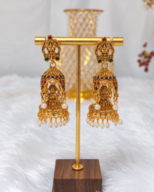Antique Gold Lakshmi Pearl Jhumka Earrings
