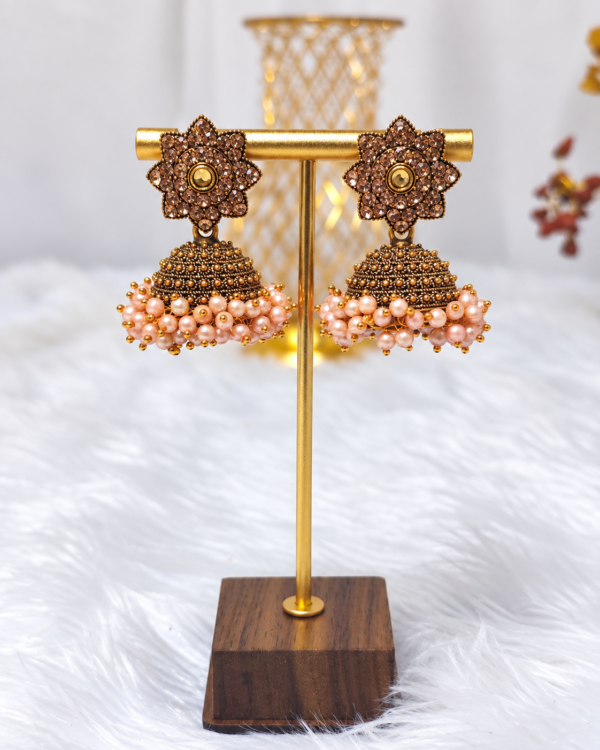 Peach Pearl Antique Gold Jhumka Earrings