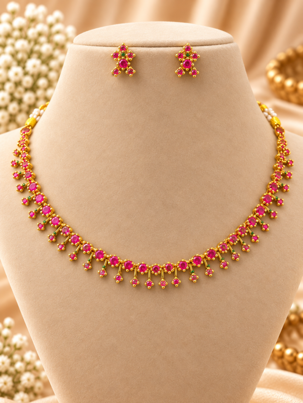 Pink Stone Traditional Necklace Set with Matching Earrings