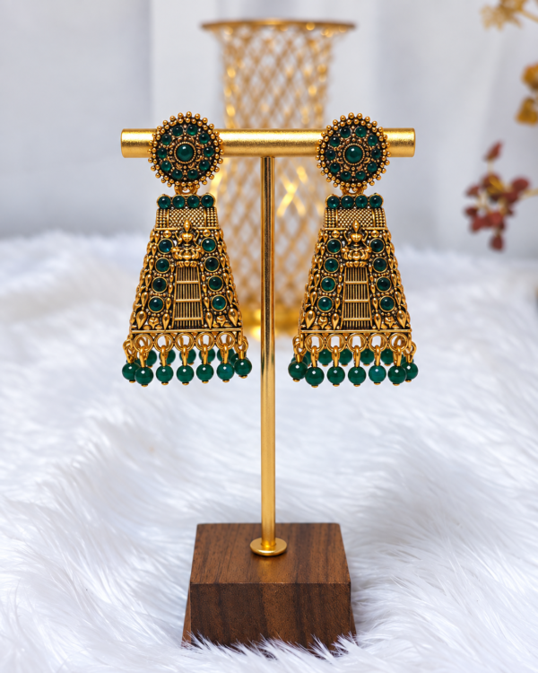 Antique Gold Temple Gopuram Green Stone Earrings