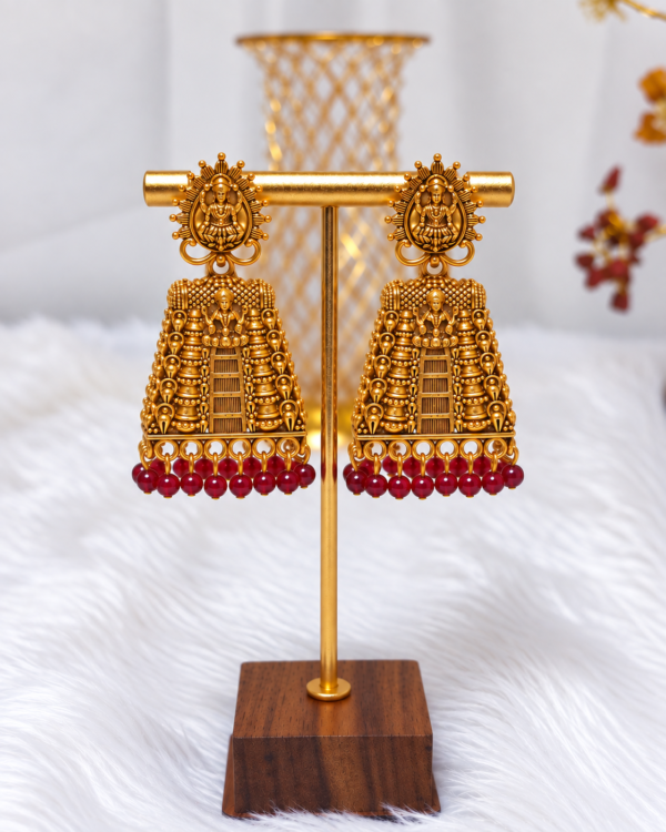 Antique Gold Temple Gopuram Earrings with Maroon Beads