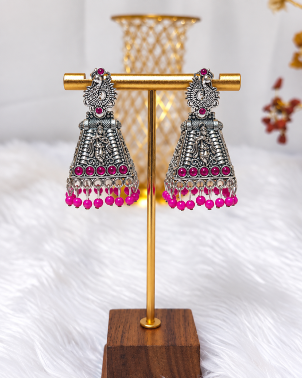 Antique Silver Temple Gopuram Earrings with Pink Beads