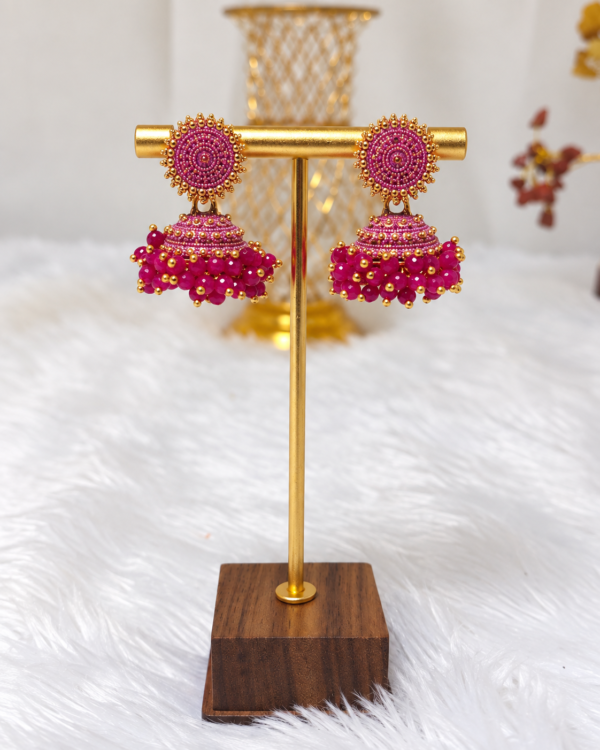 Pink Beaded Gold Tone Traditional Jhumka Earrings