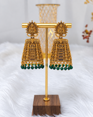 Antique Gold Temple Gopuram Green Bead Jhumka Earrings