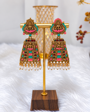 Antique Gold Lakshmi Temple Gopuram Earrings with Multicolour Stones
