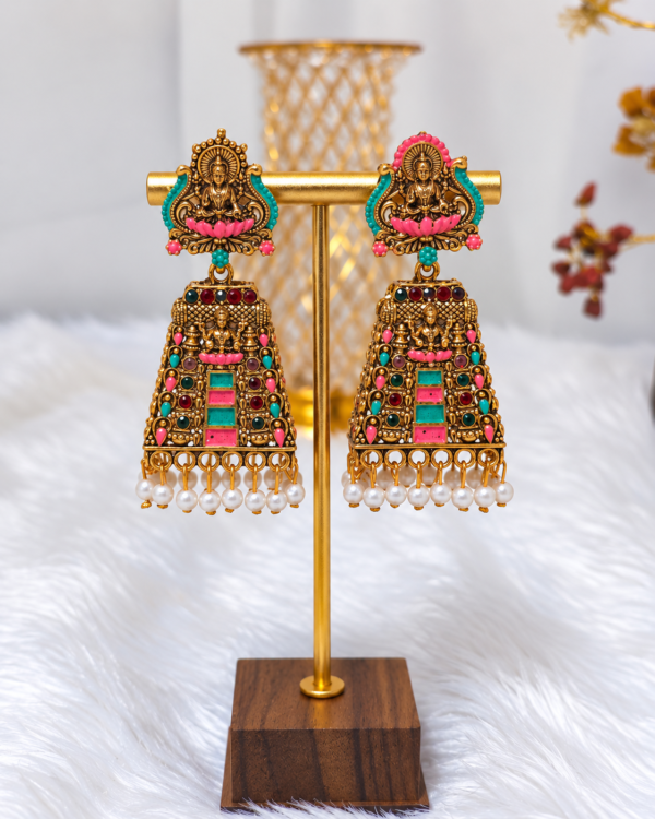 Antique Gold Lakshmi Temple Gopuram Earrings with Multicolour Stones