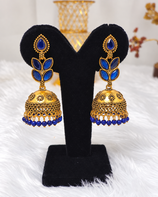 Royal Blue Stone Antique Gold Jhumka Earrings