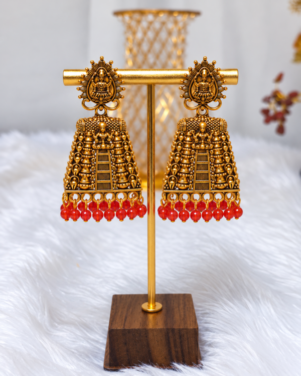 Antique Gold Temple Gopuram Red Beads Earrings