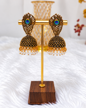 file_00000000e89c820b9552ddeef4449f9e Peacock Design Antique Gold Tone Pearl Jhumka Earrings