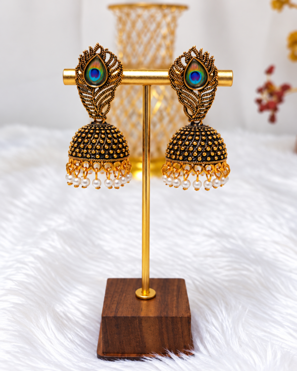 Peacock Design Antique Gold Tone Pearl Jhumka Earrings