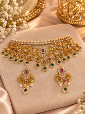 Premium Green Stone Kundan Bridal Choker Set with Earrings