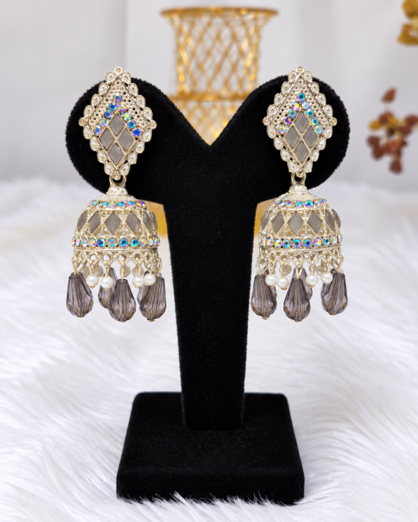 Grey Crystal Diamond Design Jhumka Earrings