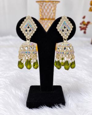 file_00000000f86c820bb2bf775be4e5bd34 Olive Green Bead Gold Tone Statement Jhumka Earrings