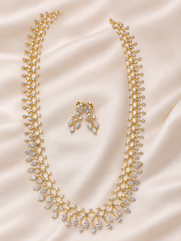 Gold Tone White AD Stone Leaf Necklace Set with Earrings